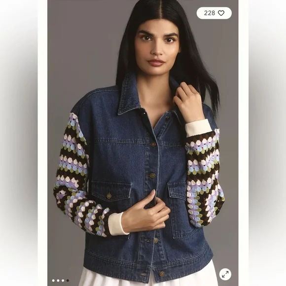 Anthropologie Crochet-Sleeve Denim Jacket Size Small